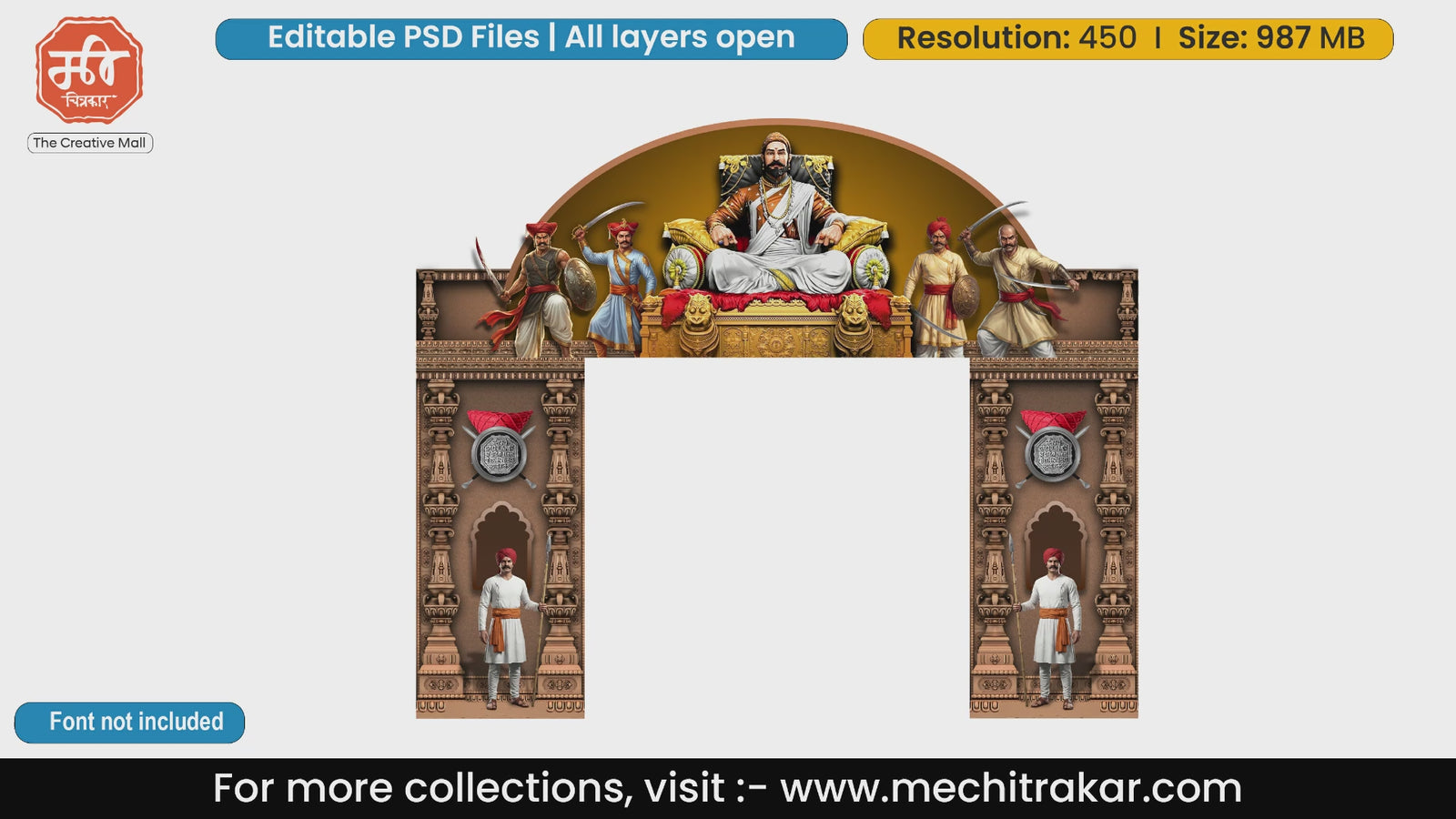 Editable PSD template of Shivjayanti gate depicting the Rajyabhishek of Chhatrapati Shivaji Maharaj seated on a throne with golden temple architecture