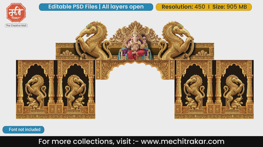 Grand Ganesha welcome gate PSD template featuring golden mythical Yali and elephant carvings.