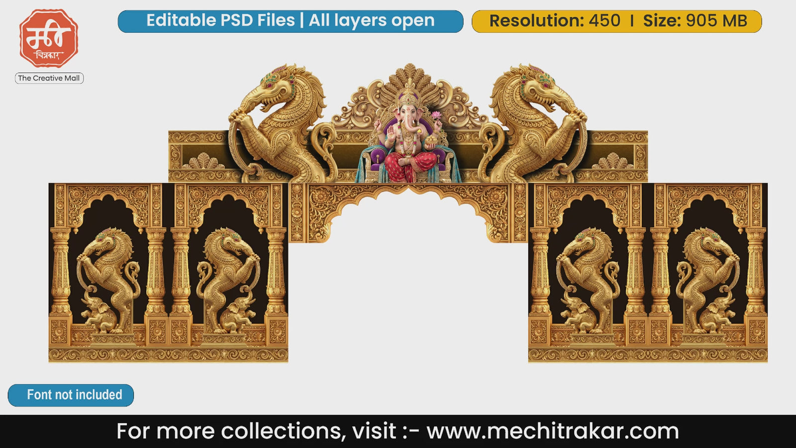 Grand Ganesha welcome gate PSD template featuring golden mythical Yali and elephant carvings.