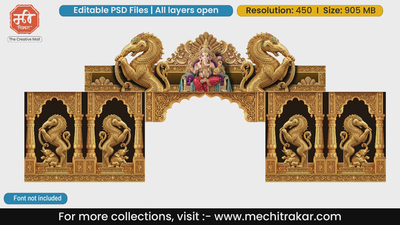 Grand Ganesha welcome gate PSD template featuring golden mythical Yali and elephant carvings.