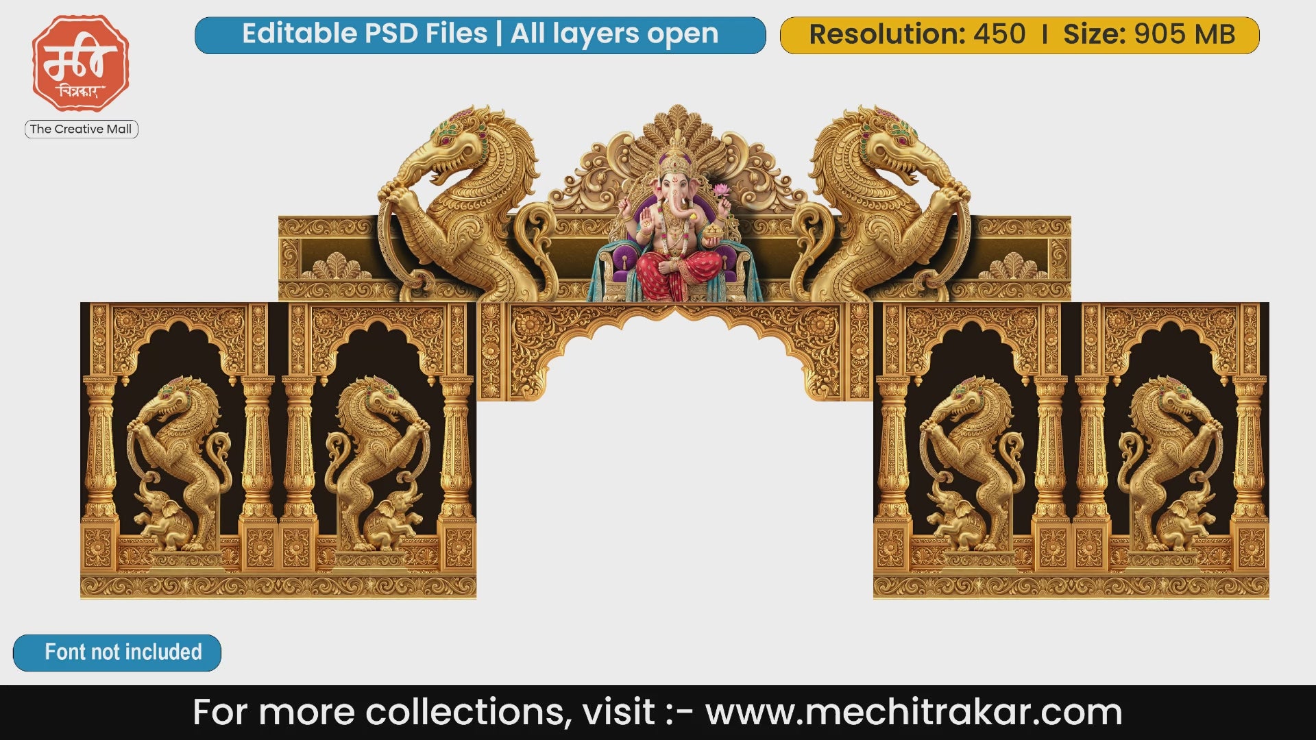 Grand Ganesha welcome gate PSD template featuring golden mythical Yali and elephant carvings.