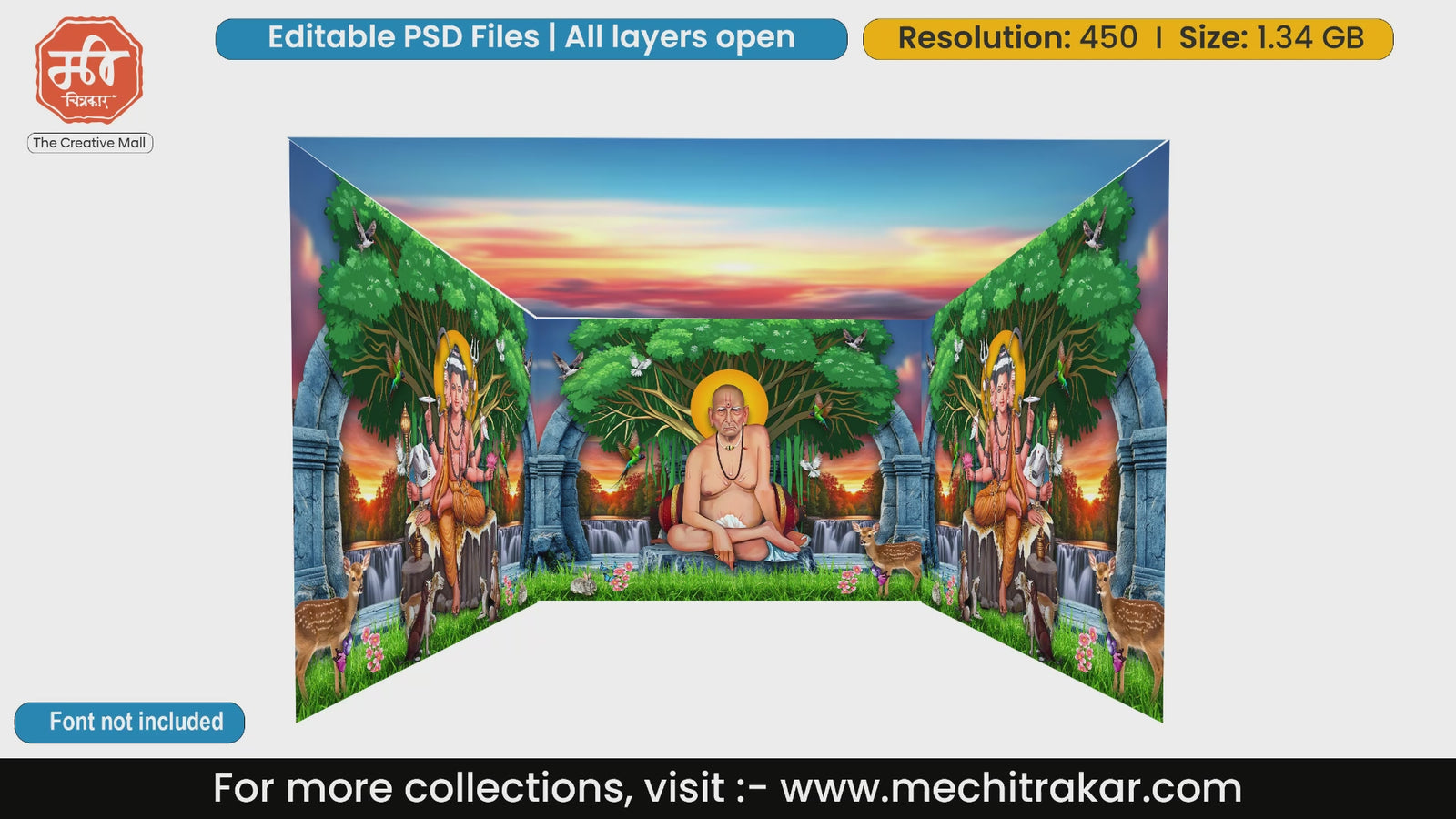 Shri Swami Samarth sitting under tree in nature forest 4 Side Decoration editable psd template