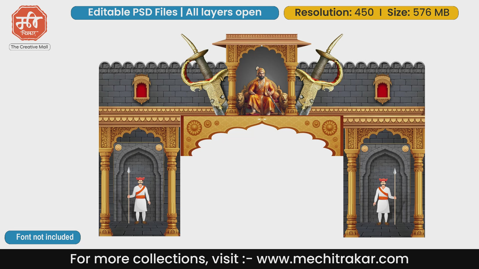 Chhatrapati Shivaji Maharaj throne theme welcome gate editable PSD template with traditional Maratha fort design.