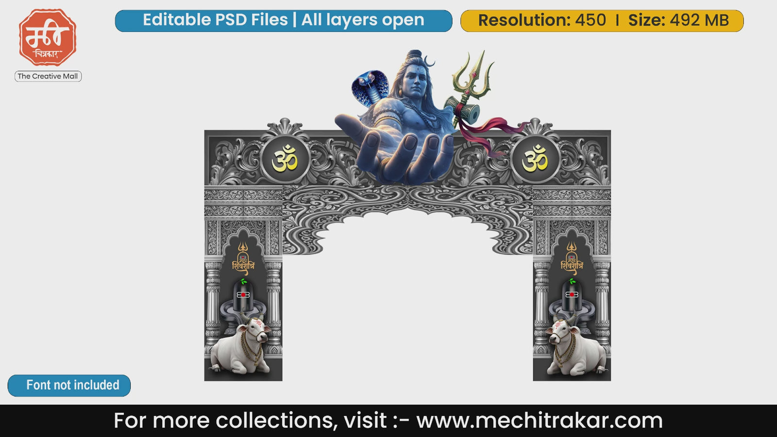 Lord Shiva giant blue hand blessing over intricate silver arches entry gate editable PSD template.