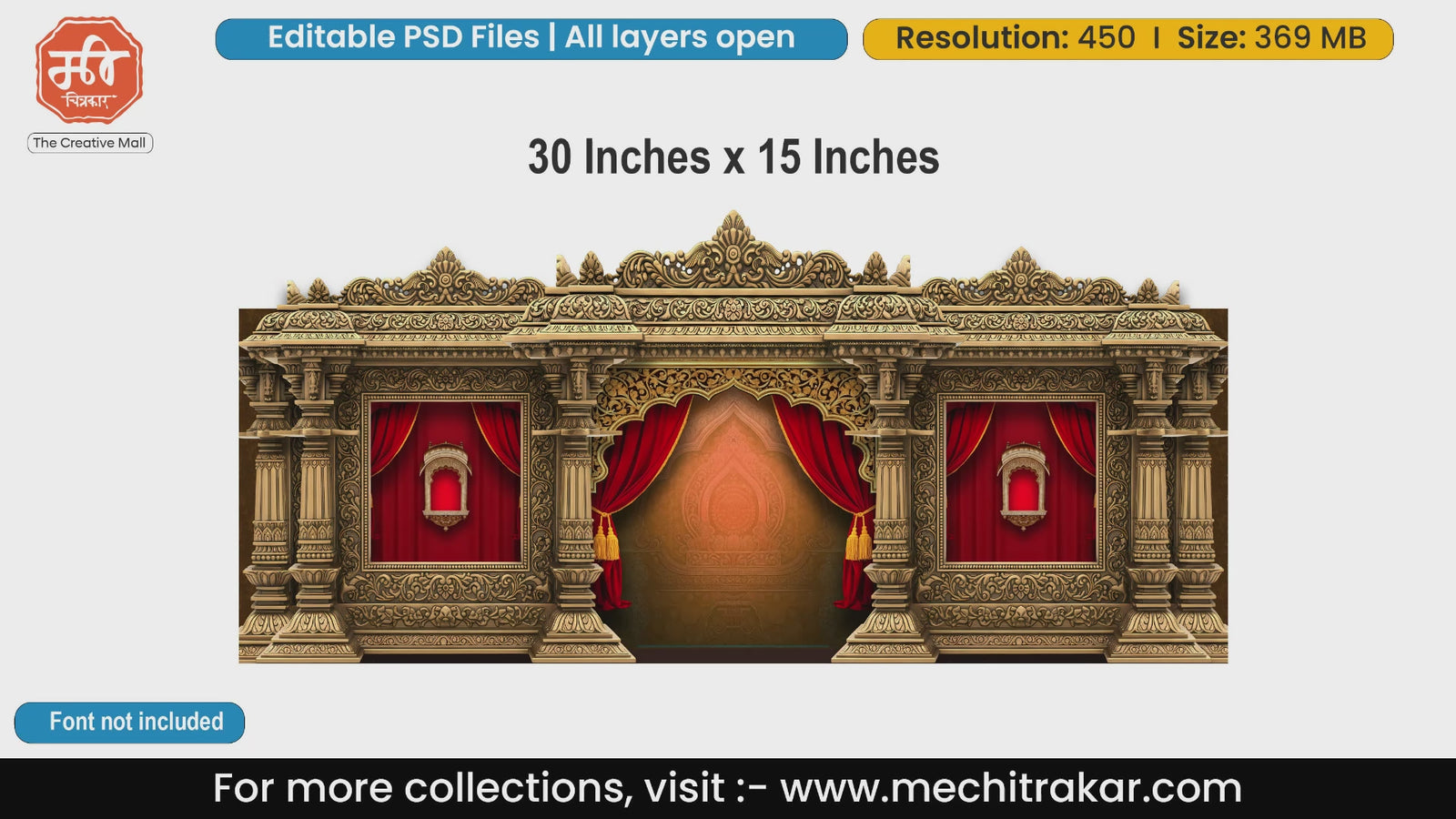 Highly intricate golden traditional palace stage background architecture editable PSD template.