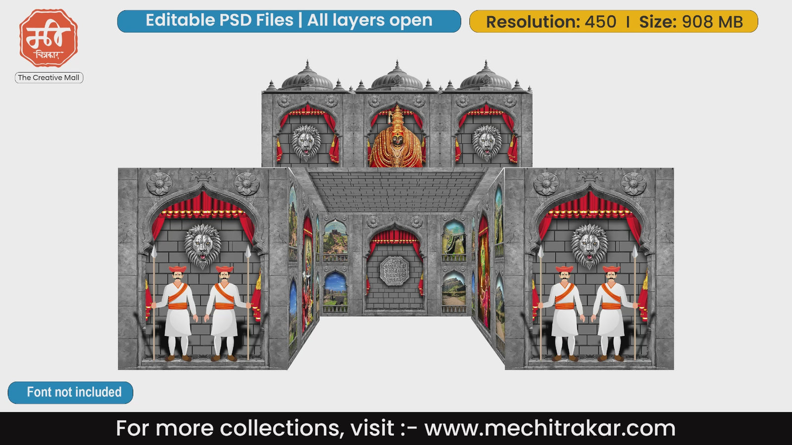 Historic stone fort theme featuring Indian Goddess and traditional guards in this 5 Side Decoration editable psd template.