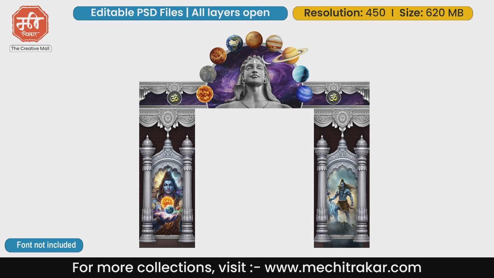 Cosmic Lord Shiva with planets and solar system above silver pillars entry gate editable PSD template.