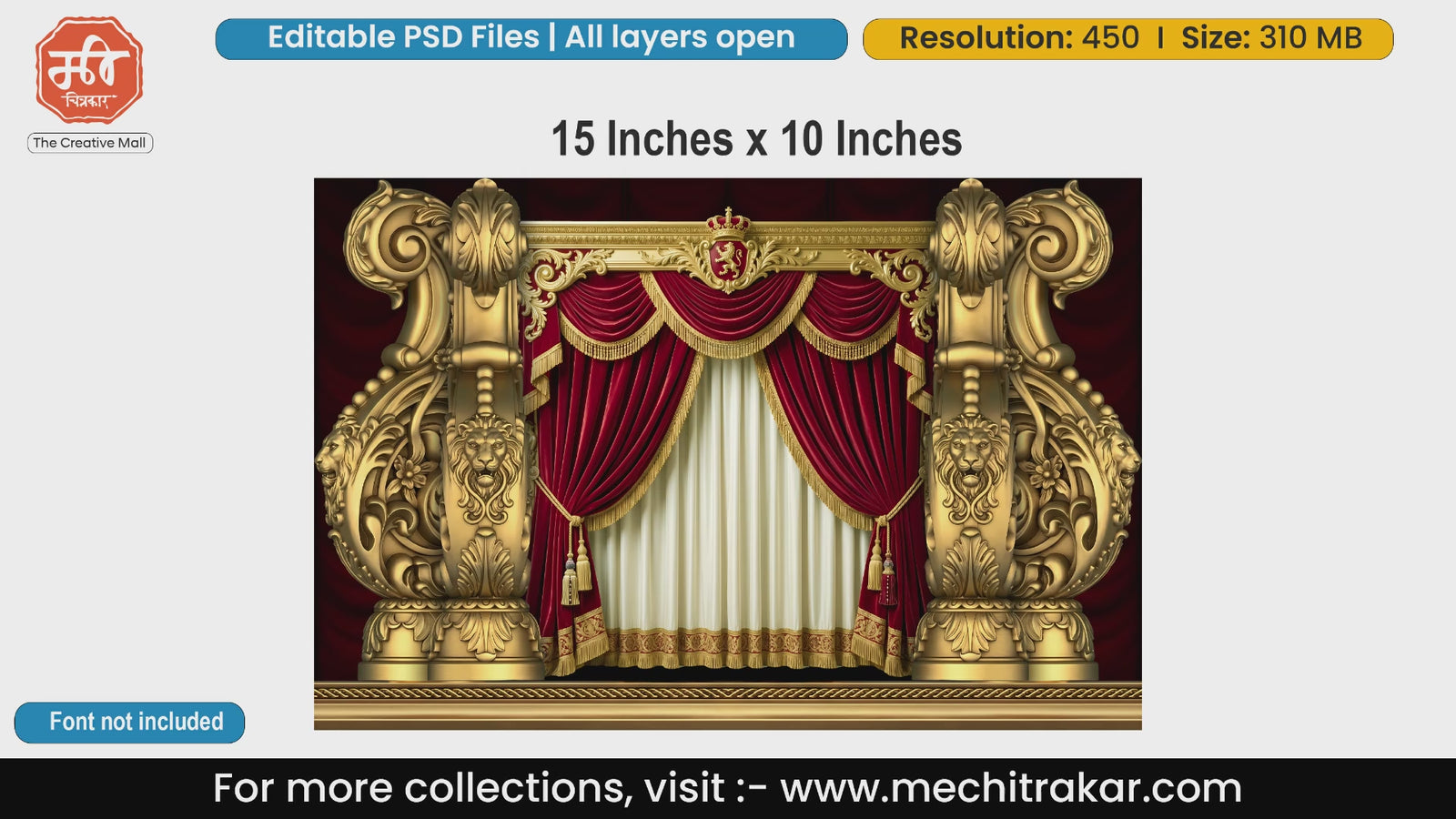 Royal theater stage backdrop with red velvet curtains and golden lion pillars, editable PSD template.