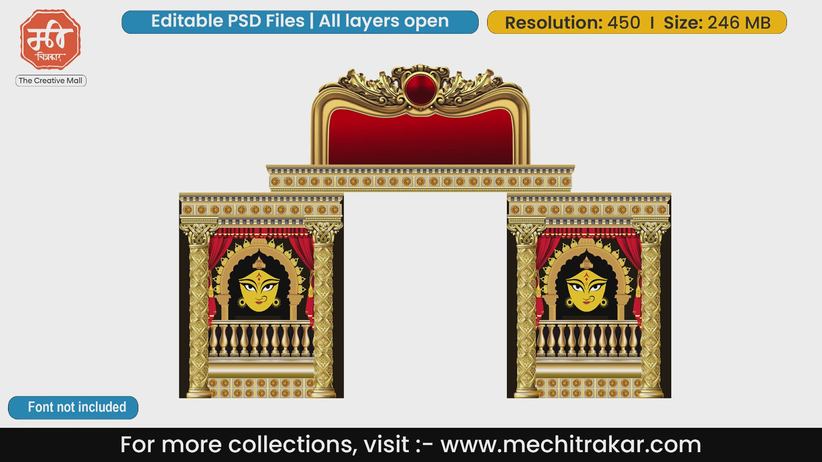 Elegant golden architecture Durga Puja entry arch gate editable template file in layered PSD with decorative pillars and red curtain backdrops.