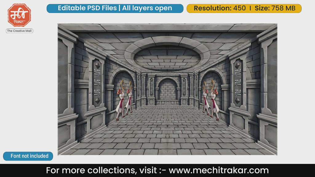 Grand Grey Stone Mandap with Mavale Tutari Warriors & Swastik – Editable PSD Backdrop