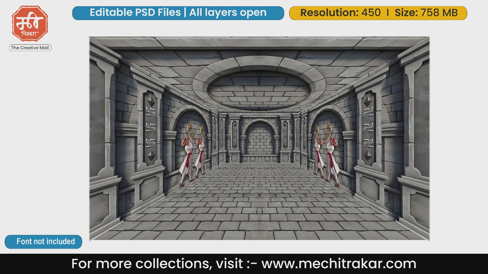 Grand Grey Stone Mandap with Mavale Tutari Warriors & Swastik – Editable PSD Backdrop