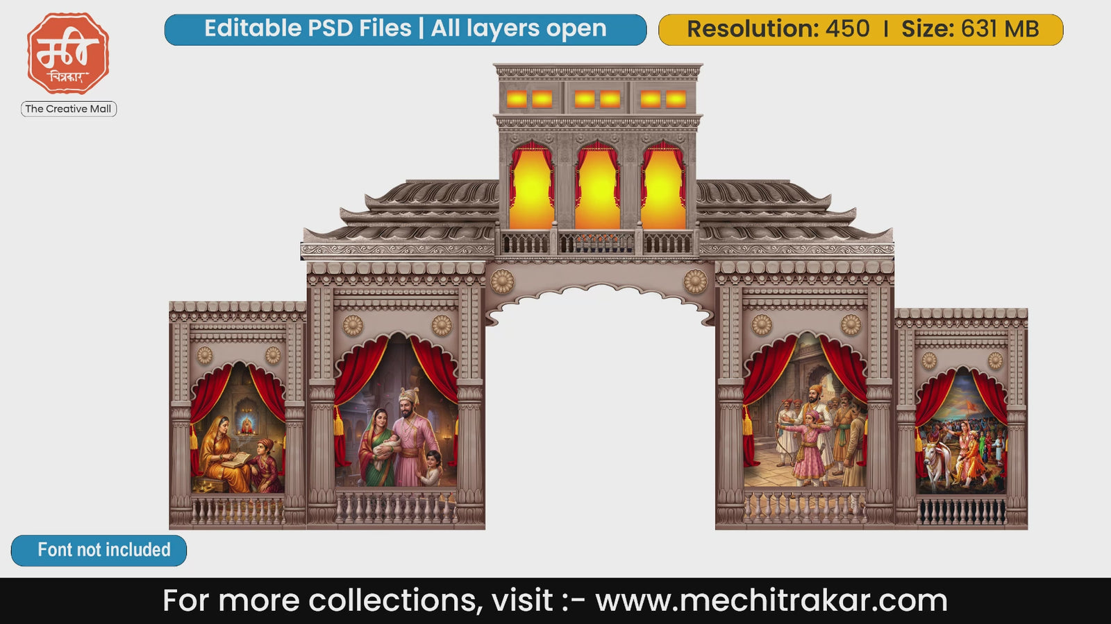 Palace style editable PSD template for Shivjayanti entrance gate depicting various life events of Chhatrapati Shivaji Maharaj and Rajmata Jijau.
