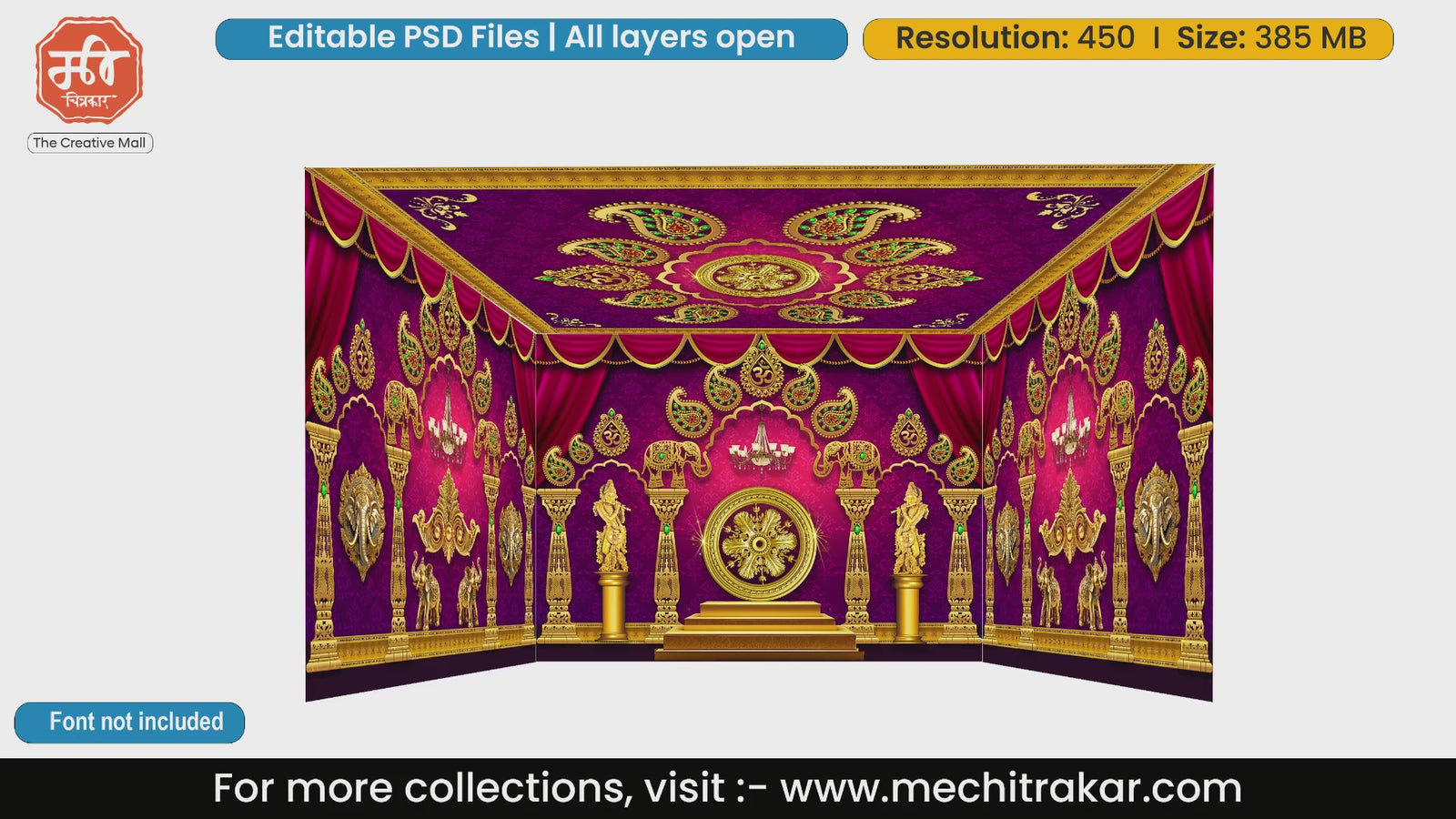 Vibrant purple traditional backdrop featuring Krishna statues 4 Side Decoration editable psd template for festive and cultural stage printing.