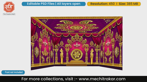 Vibrant purple traditional backdrop featuring Krishna statues 4 Side Decoration editable psd template for festive and cultural stage printing.