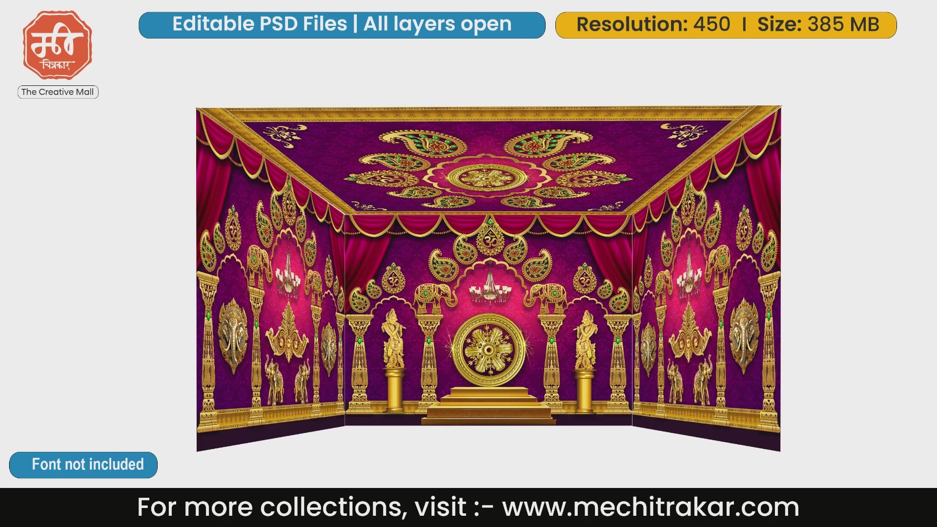 Vibrant purple traditional backdrop featuring Krishna statues 4 Side Decoration editable psd template for festive and cultural stage printing.