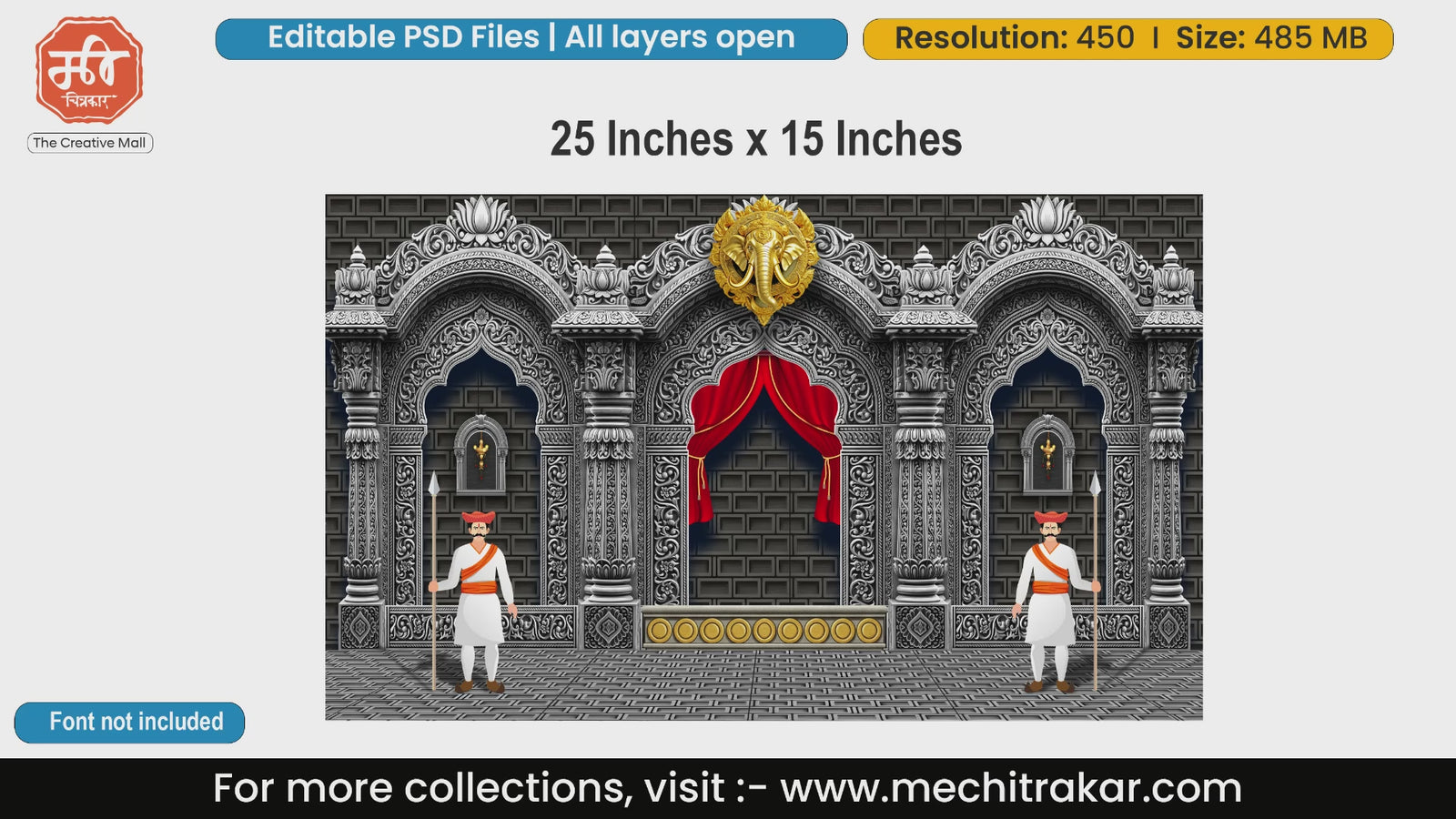 Editable PSD template of Maharashtrian fort backdrop featuring Lord Ganesha, red drapes, and traditional Maratha Sardar guards.