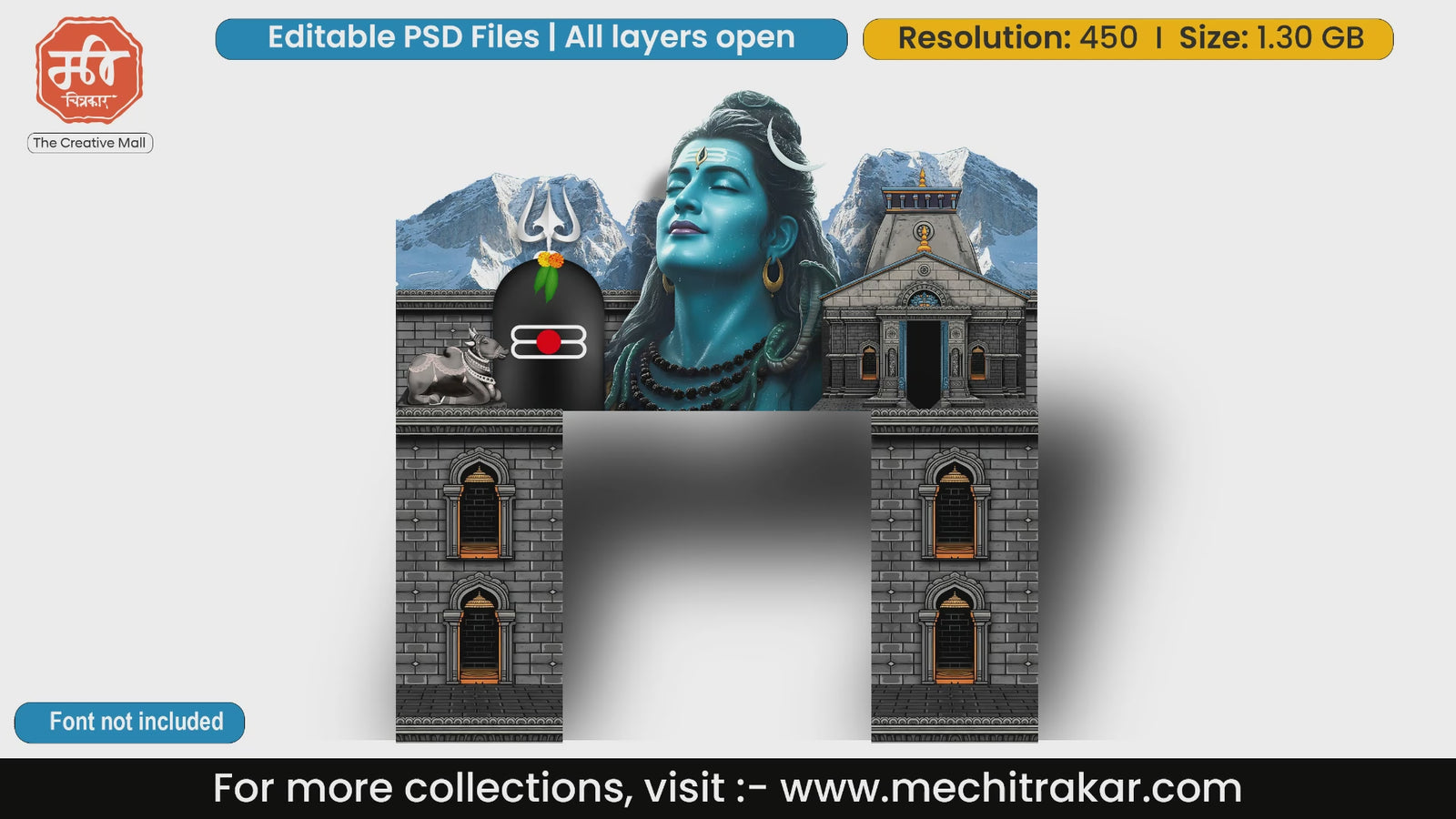 Editable PSD template of Lord Shiva and Kedarnath temple entry gate featuring Nandi and Trishul for Mahashivratri festivals.