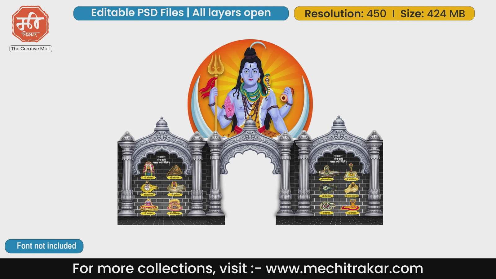Lord Shiva Mahadev with 12 Jyotirlingas on a magnificent silver stone entry gate editable PSD template.