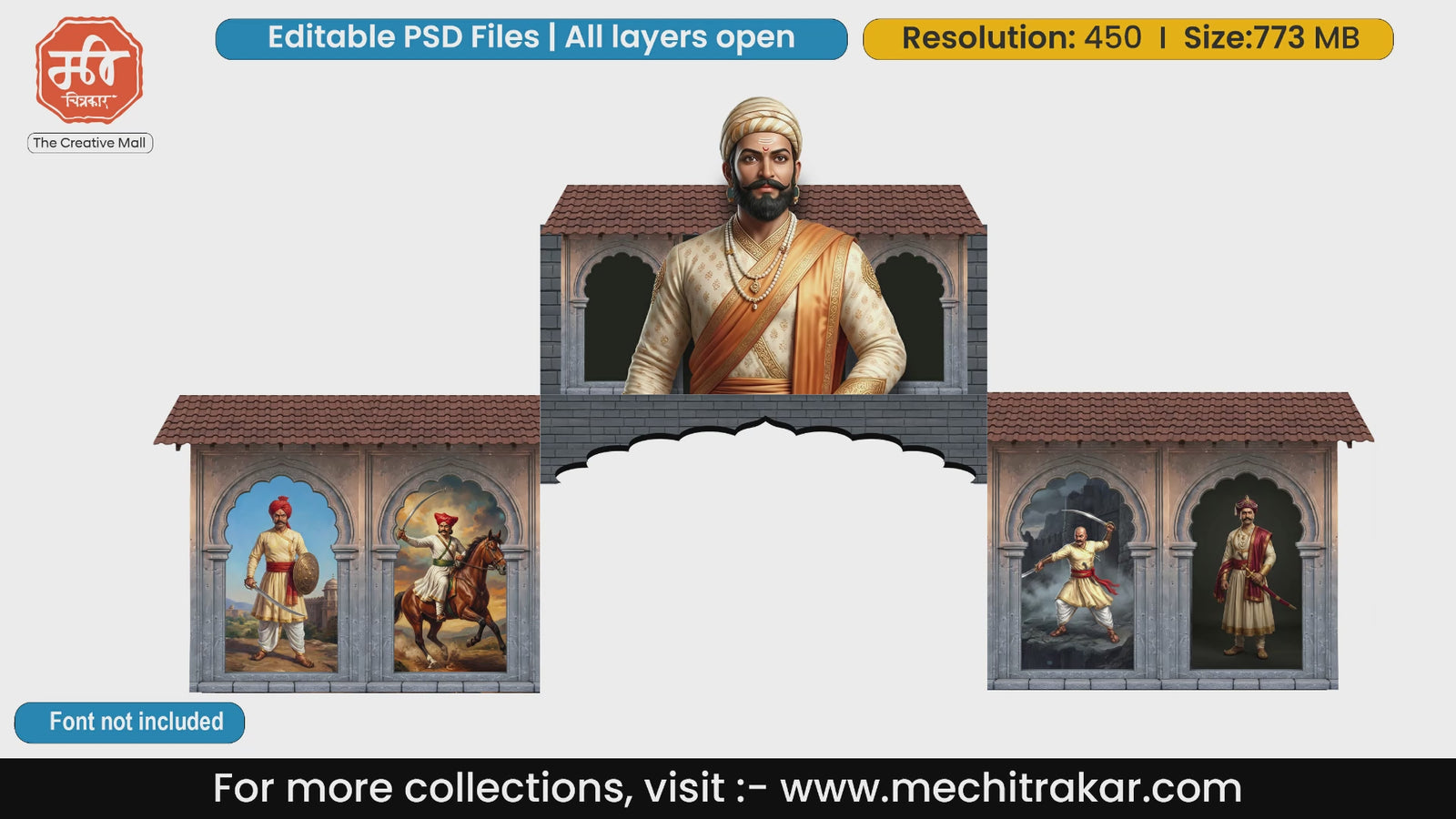 Classic triple arch entry gate editable PSD template with Chhatrapati Shivaji Maharaj portrait and Maratha warriors for premium event printing.