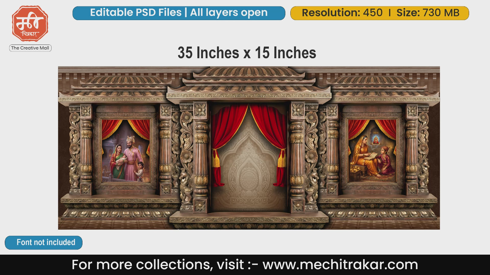 Rich wooden palace editable PSD template backdrop showing Rajmata Jijau teaching young Chhatrapati Shivaji Maharaj.