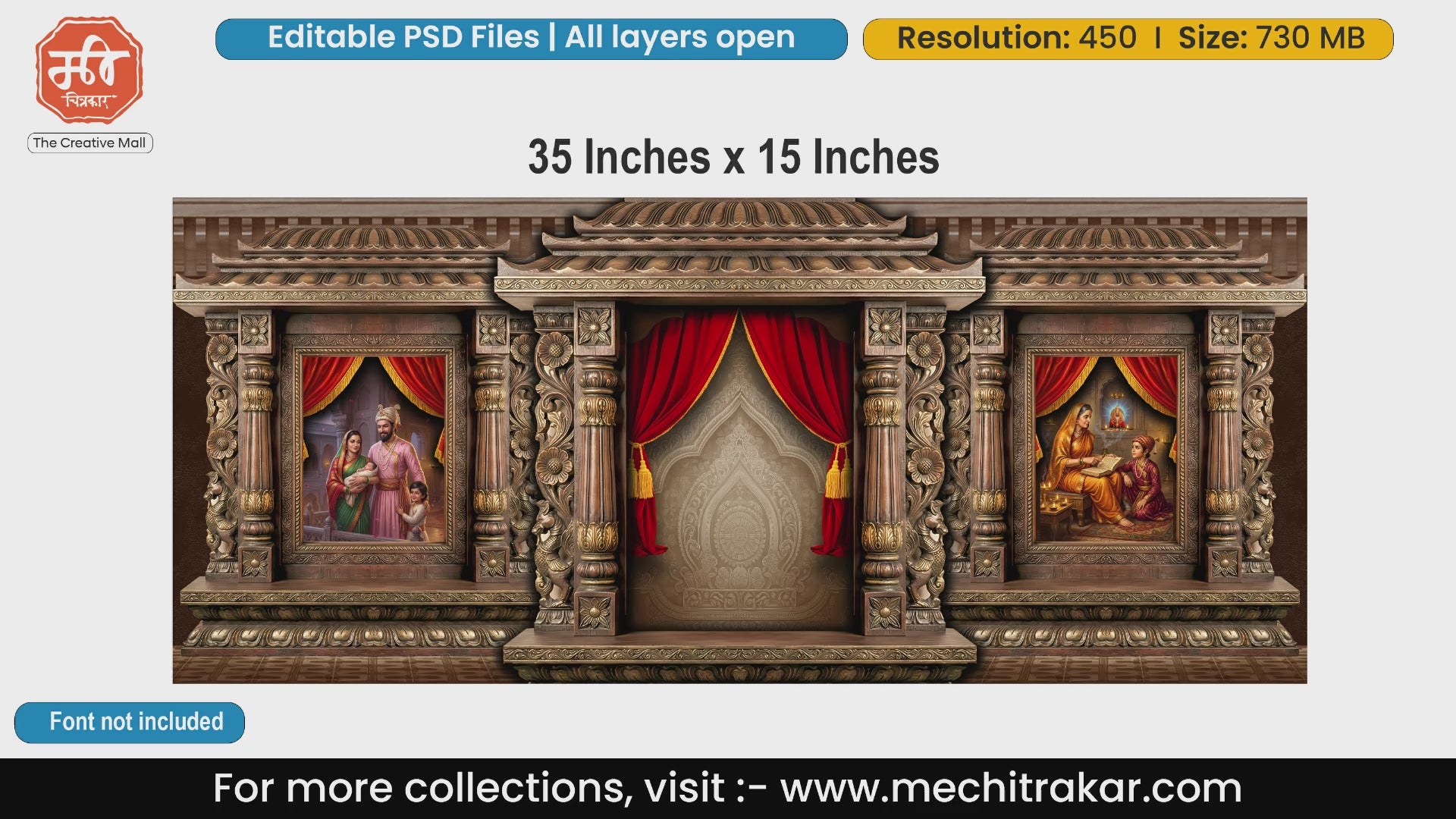 Rich wooden palace editable PSD template backdrop showing Rajmata Jijau teaching young Chhatrapati Shivaji Maharaj.