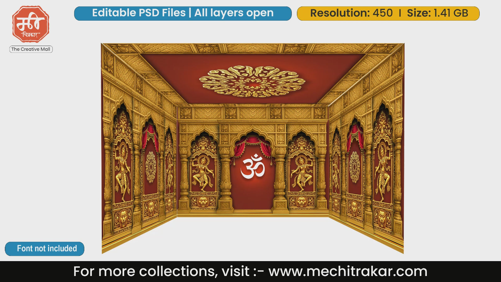 Divine golden temple 4 Side Decoration editable psd template displaying dancing apsaras and central Om symbol.