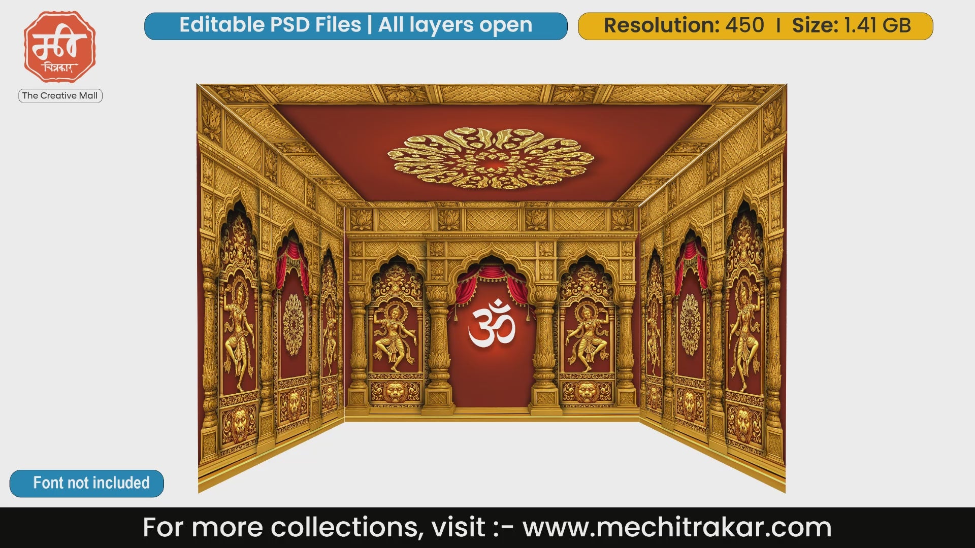 Divine golden temple 4 Side Decoration editable psd template displaying dancing apsaras and central Om symbol.