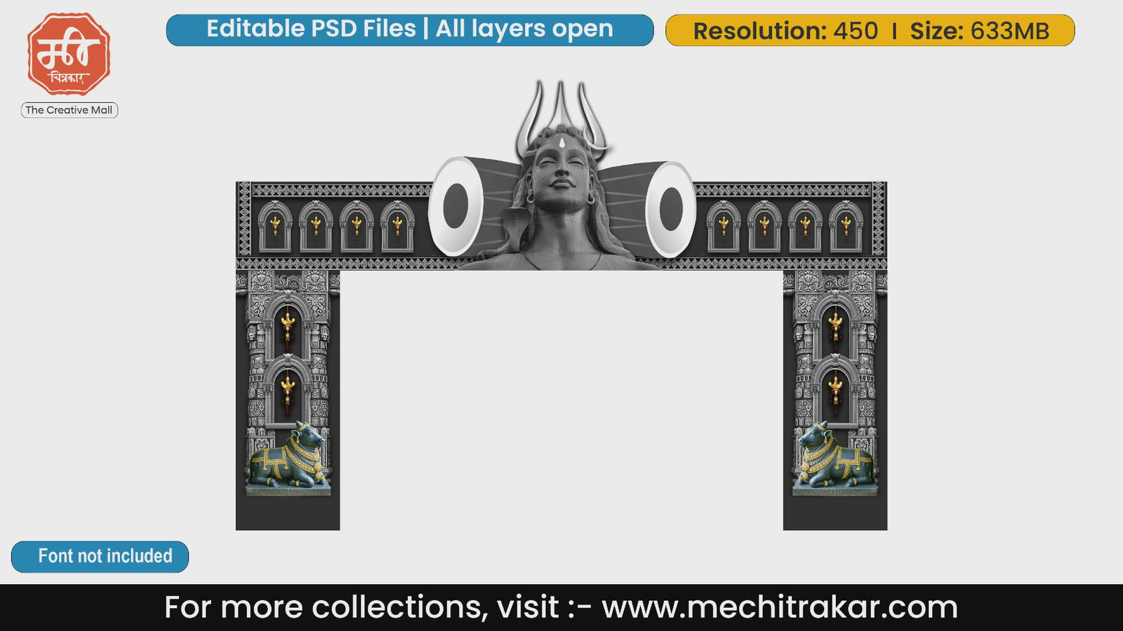 Grey stone temple entry gate PSD template highlighting Lord Shiva, Nandi bulls, Trishul, and Damaru for Mahashivratri events.