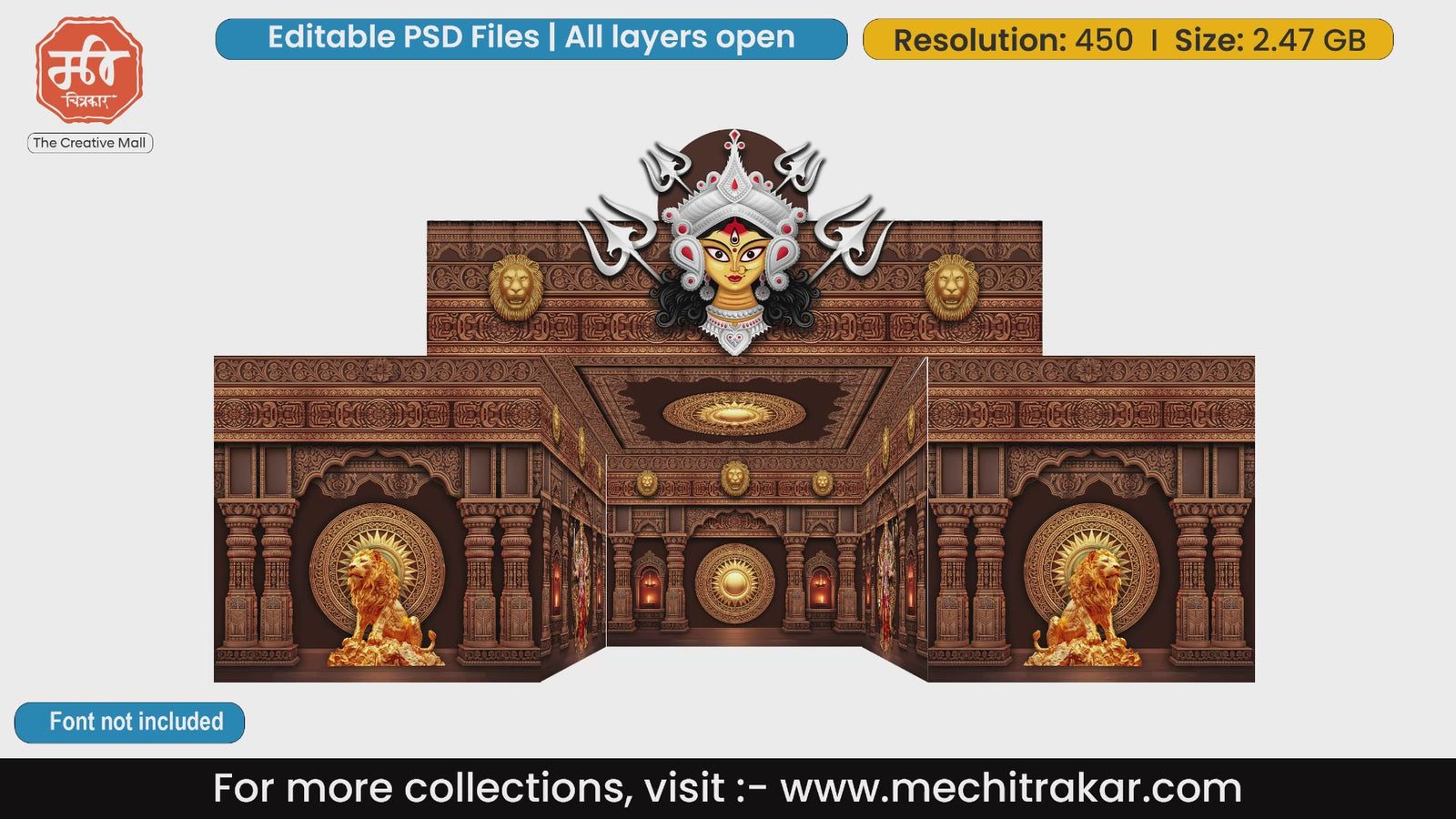 Bronze themed Goddess face with trishuls in 5 Side Decoration editable psd template