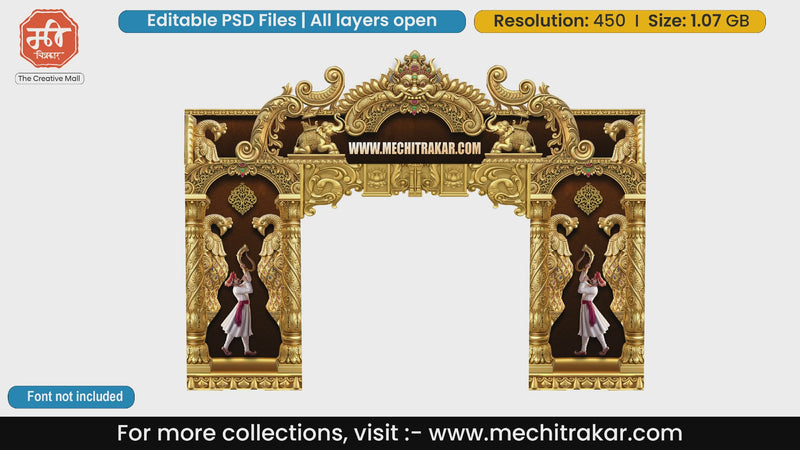 Royal golden entry gates editable psd template depicting Lord Ganesha at the crest with valiant Maratha Sardars standing guard in traditional attire