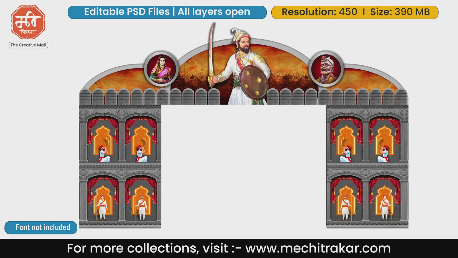 Multi-tier Maratha fort palace facade inspired entry gate editable PSD template.