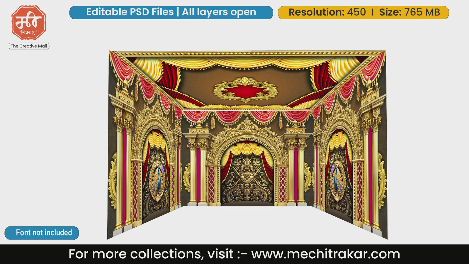 Rich red and gold peacock motif mandap 4 Side Decoration editable psd template for event backdrops.