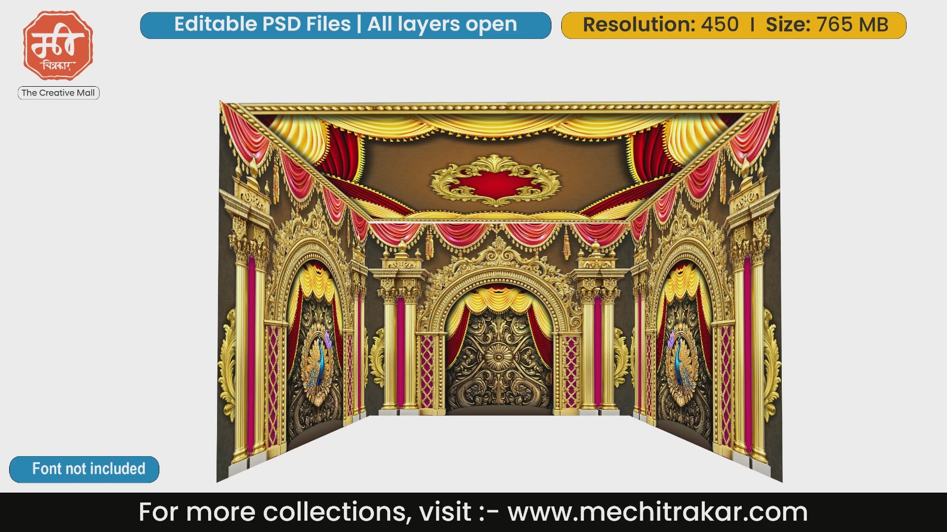 Rich red and gold peacock motif mandap 4 Side Decoration editable psd template for event backdrops.