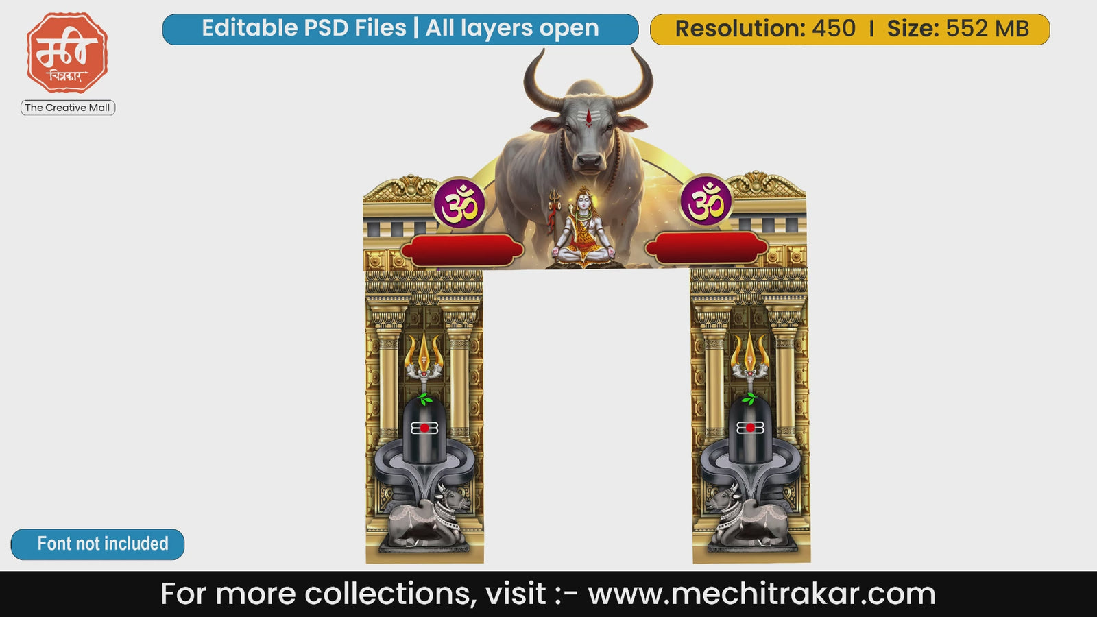Giant Nandi bull above golden arches and Shivling entrance gate editable PSD template for Mahashivratri.