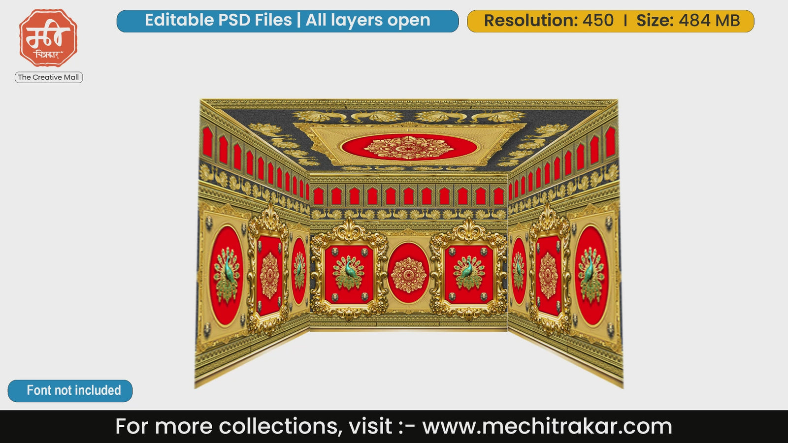 Majestic red and gold peacock theme 4 Side Decoration editable psd template for premium stage setups and cultural flex printing backgrounds.