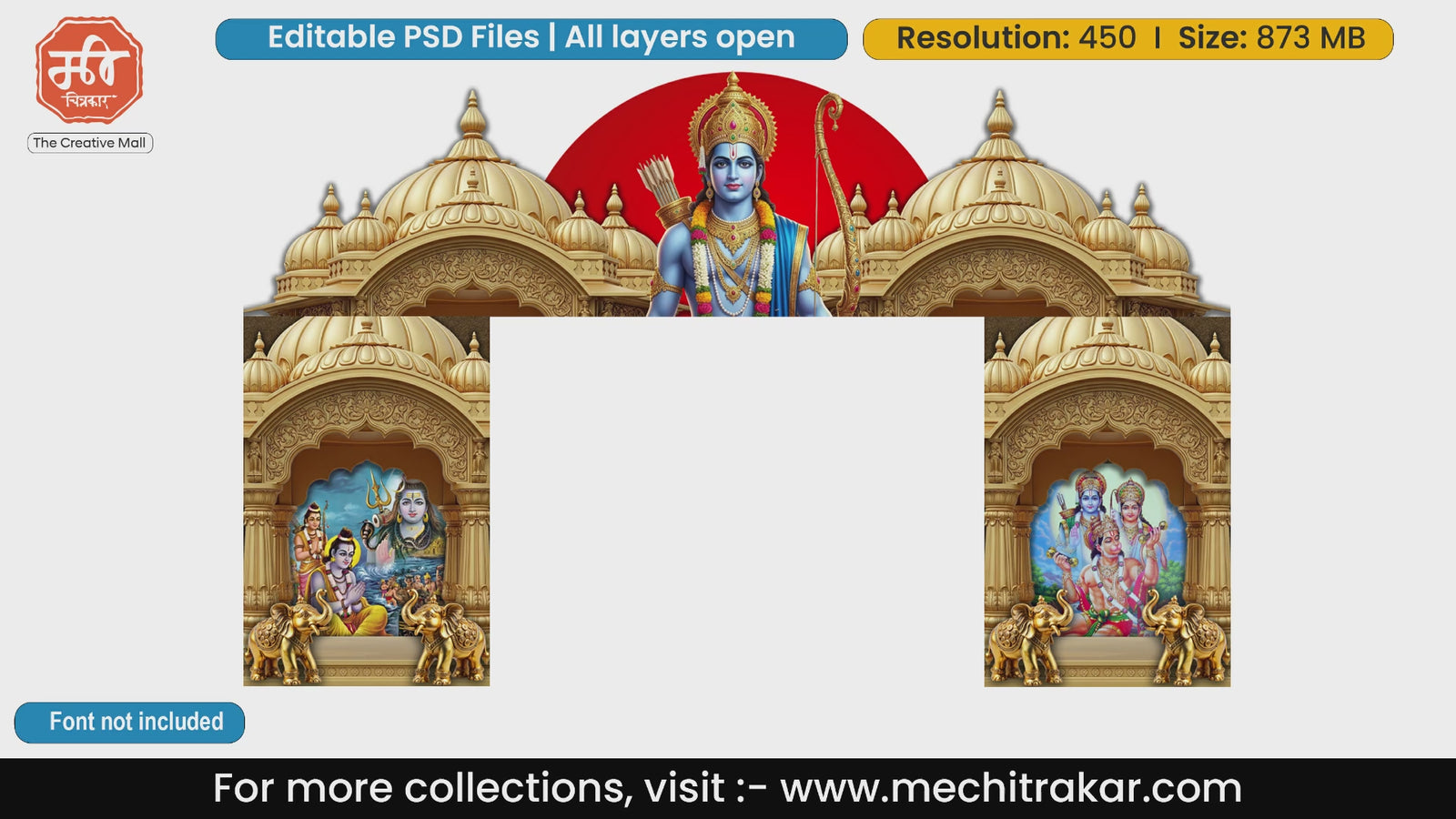 Flying Hanuman and Shri Ram forest scenes entry gate editable PSD template with vibrant orange and golden accents.