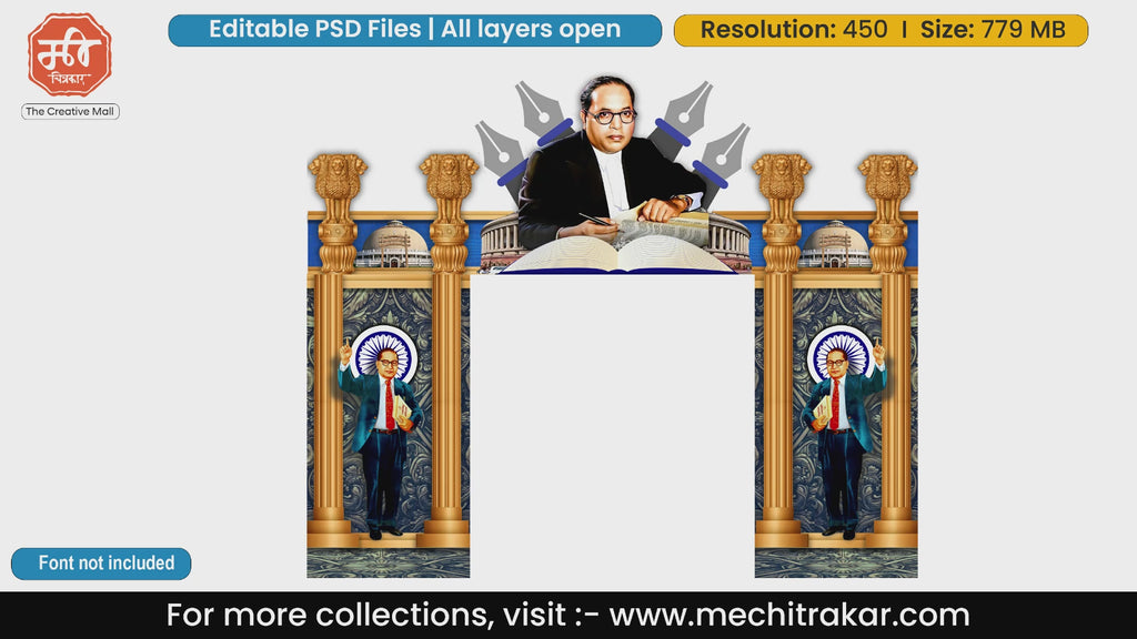 Dr. Babasaheb Ambedkar writing constitution entry gate editable PSD template with Ashoka Pillars and pens.