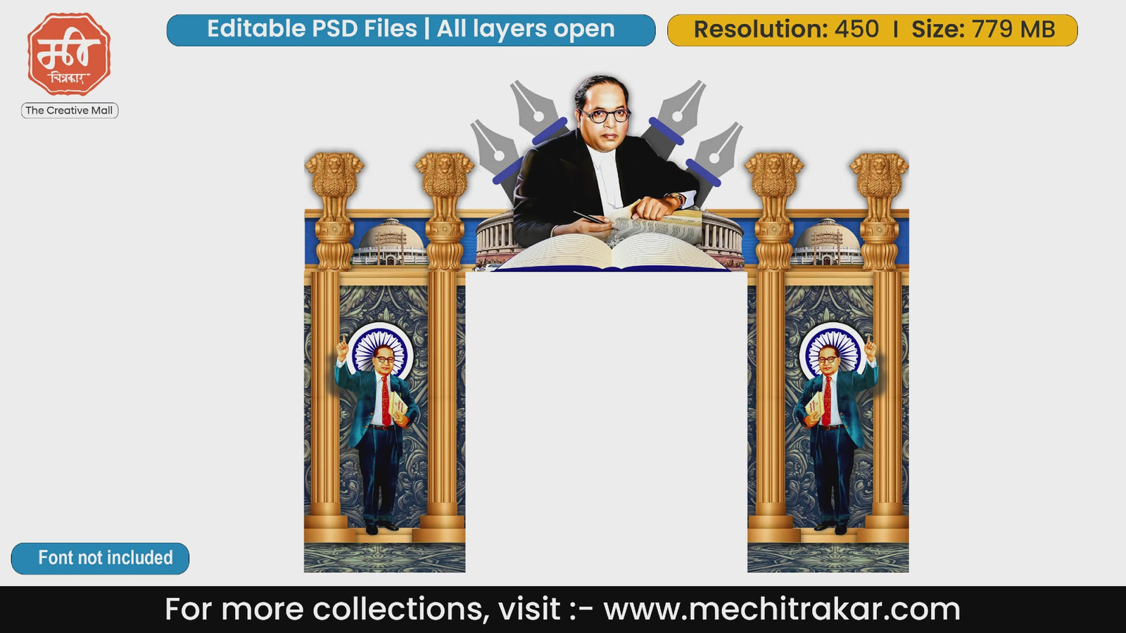 Dr. Babasaheb Ambedkar writing constitution entry gate editable PSD template with Ashoka Pillars and pens.