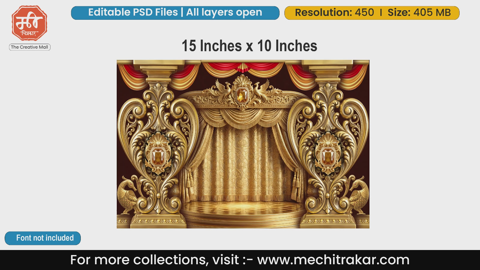 Luxury golden throne stage backdrop with peacock designs, editable PSD template.
