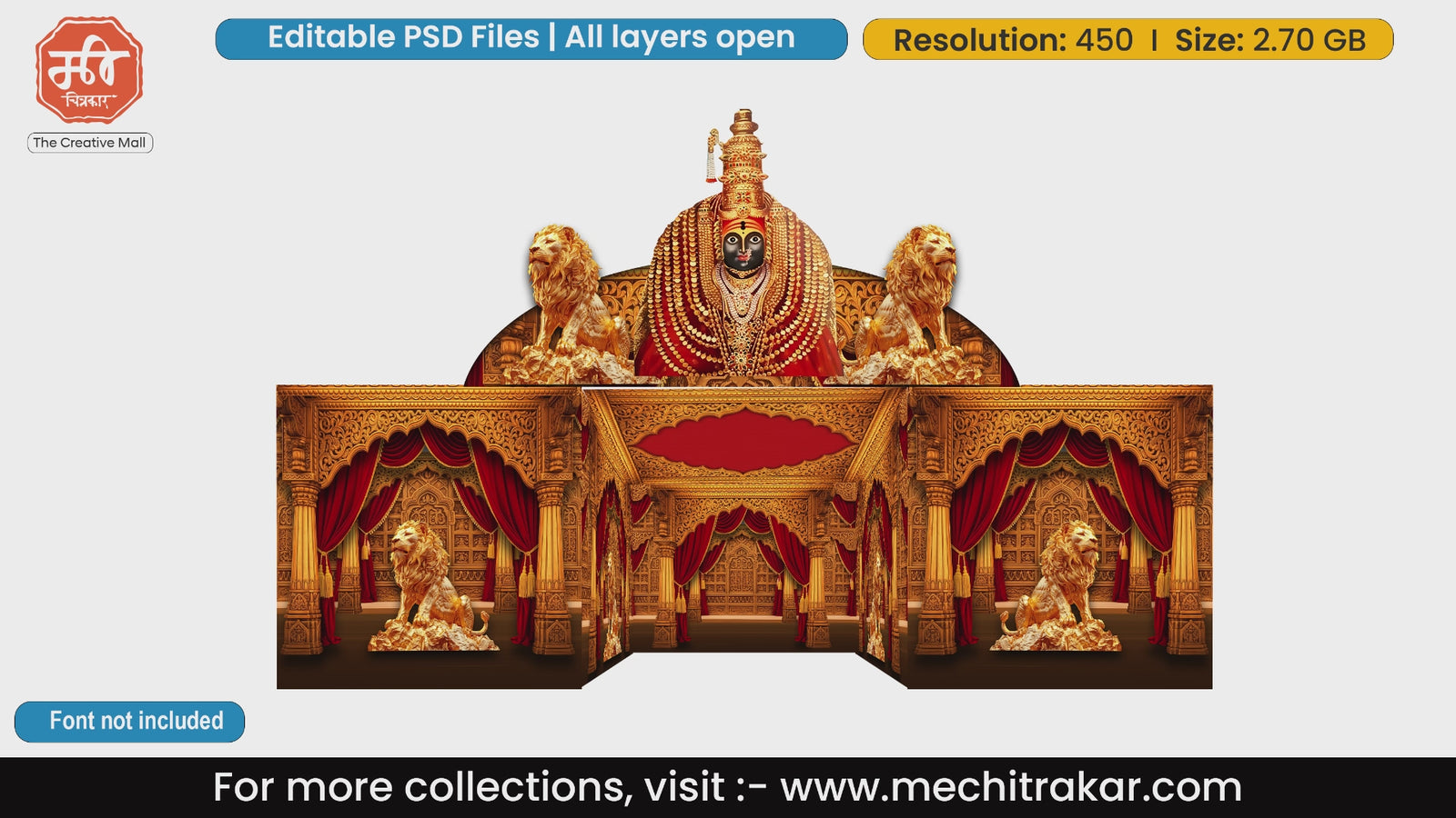 Golden Goddess idol with red drapes and lions for 5 Side Decoration editable psd template
