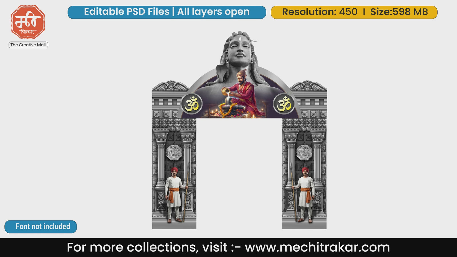 Chhatrapati Shivaji Maharaj performing Shivling abhishek with Lord Shiva background on an editable PSD template entry gate design.