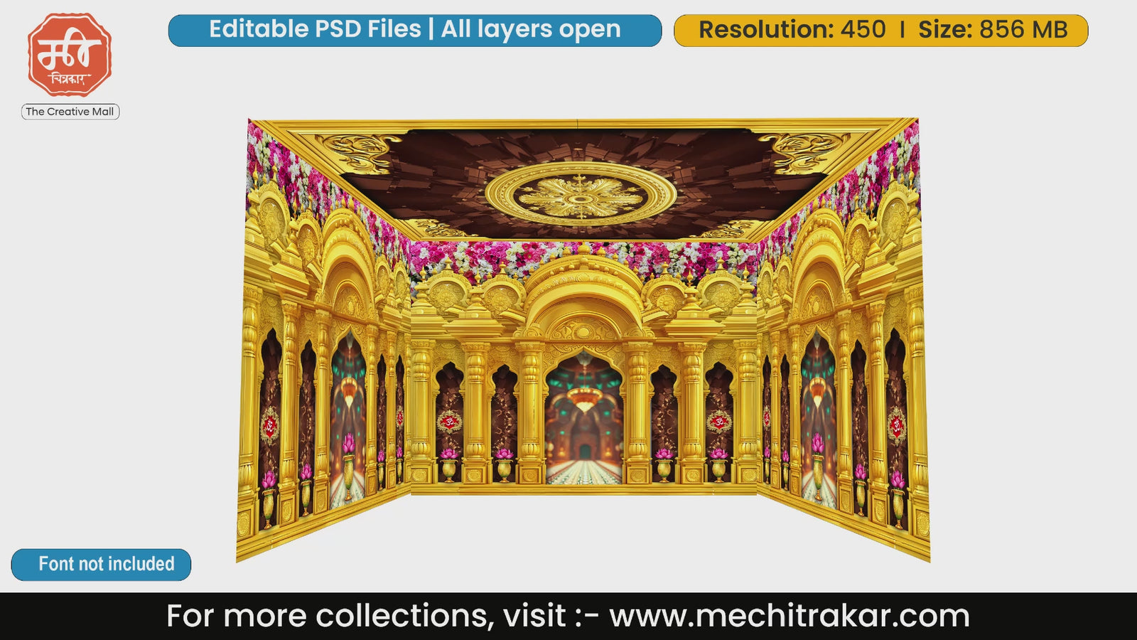 Golden temple floral ceiling 4 Side Decoration editable psd template for background design