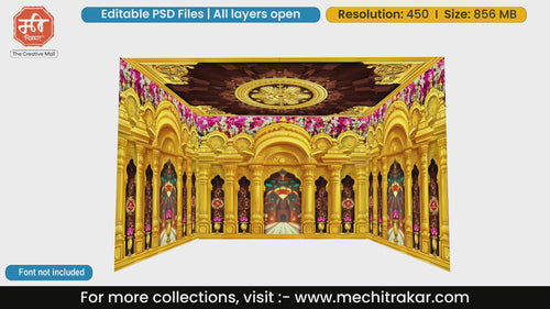Golden temple floral ceiling 4 Side Decoration editable psd template for background design