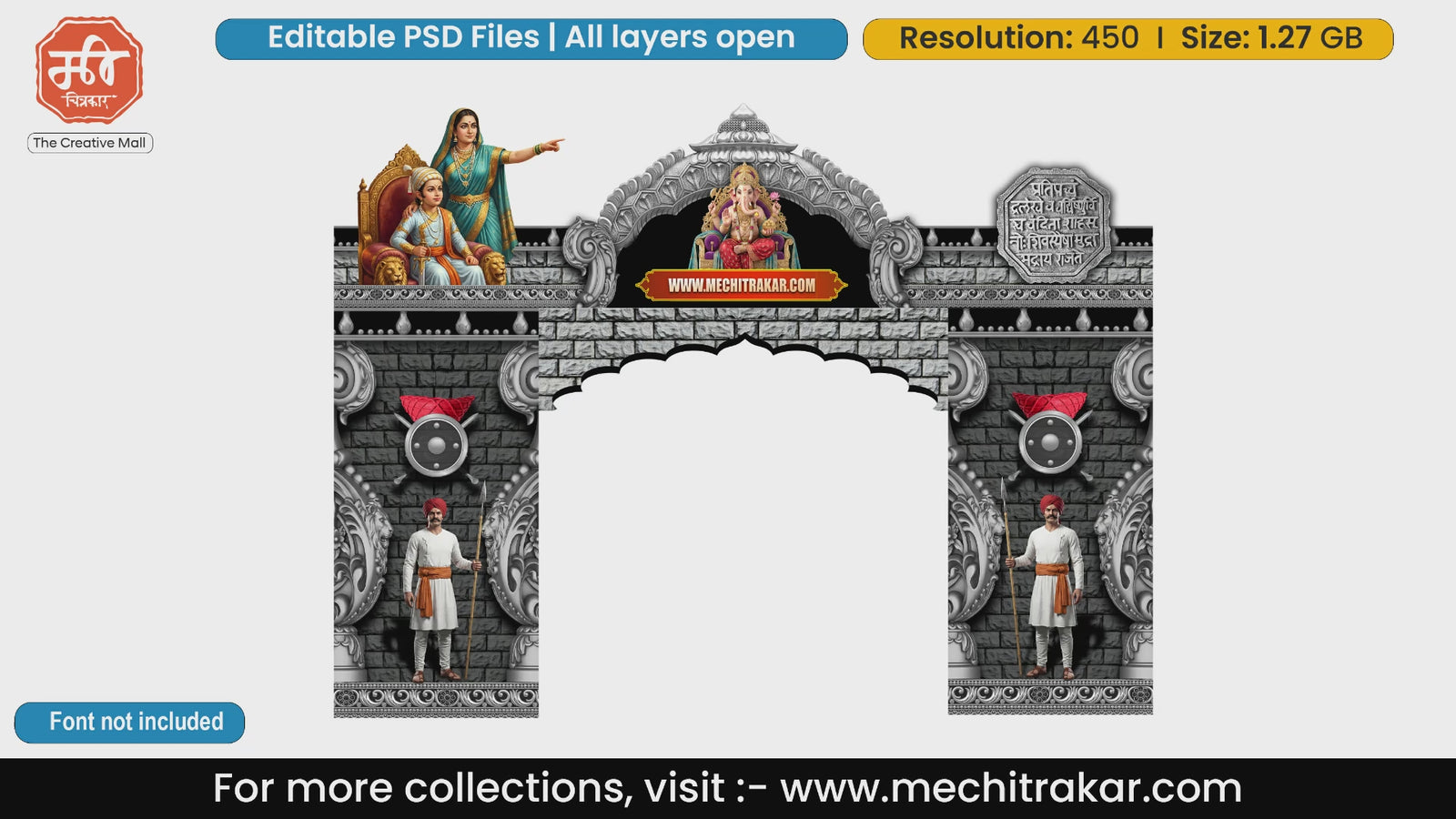 Divine Lord Shiva and sacred Nandi bull entry gates editable psd template enhanced with golden serpent motifs and spiritual Om symbols for religious events