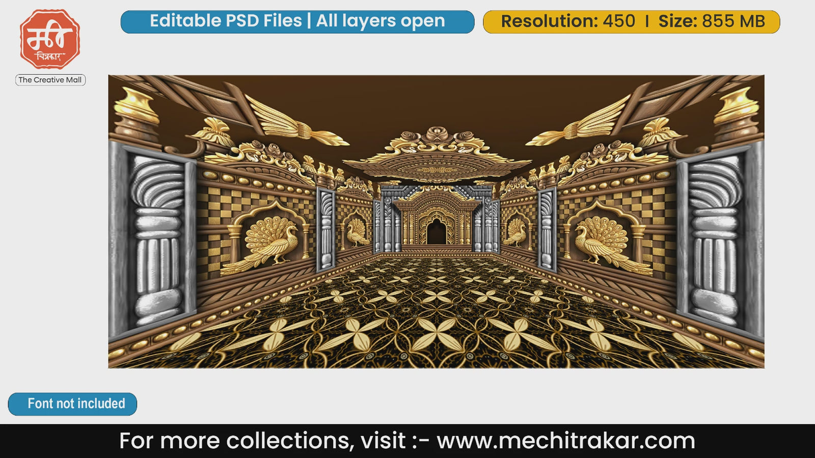 Golden Peacock Wooden Palace with Silver Pillars – Editable PSD Backdrop Theme