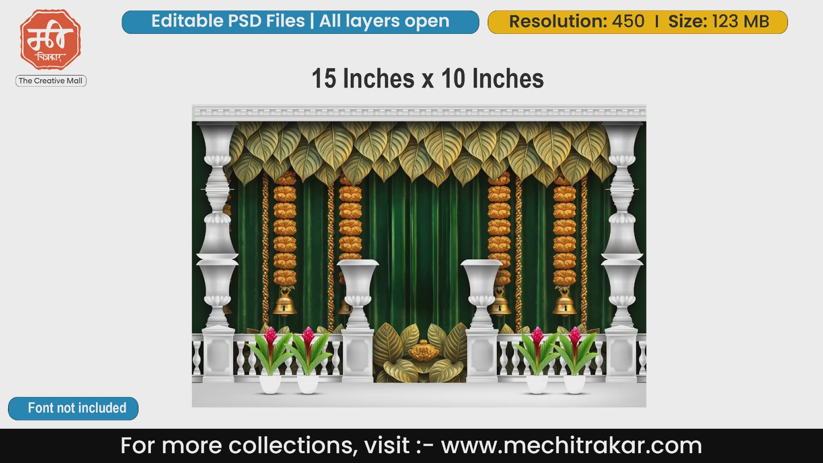 Traditional green stage backdrop with bodhi leaves and golden bells, editable PSD template.