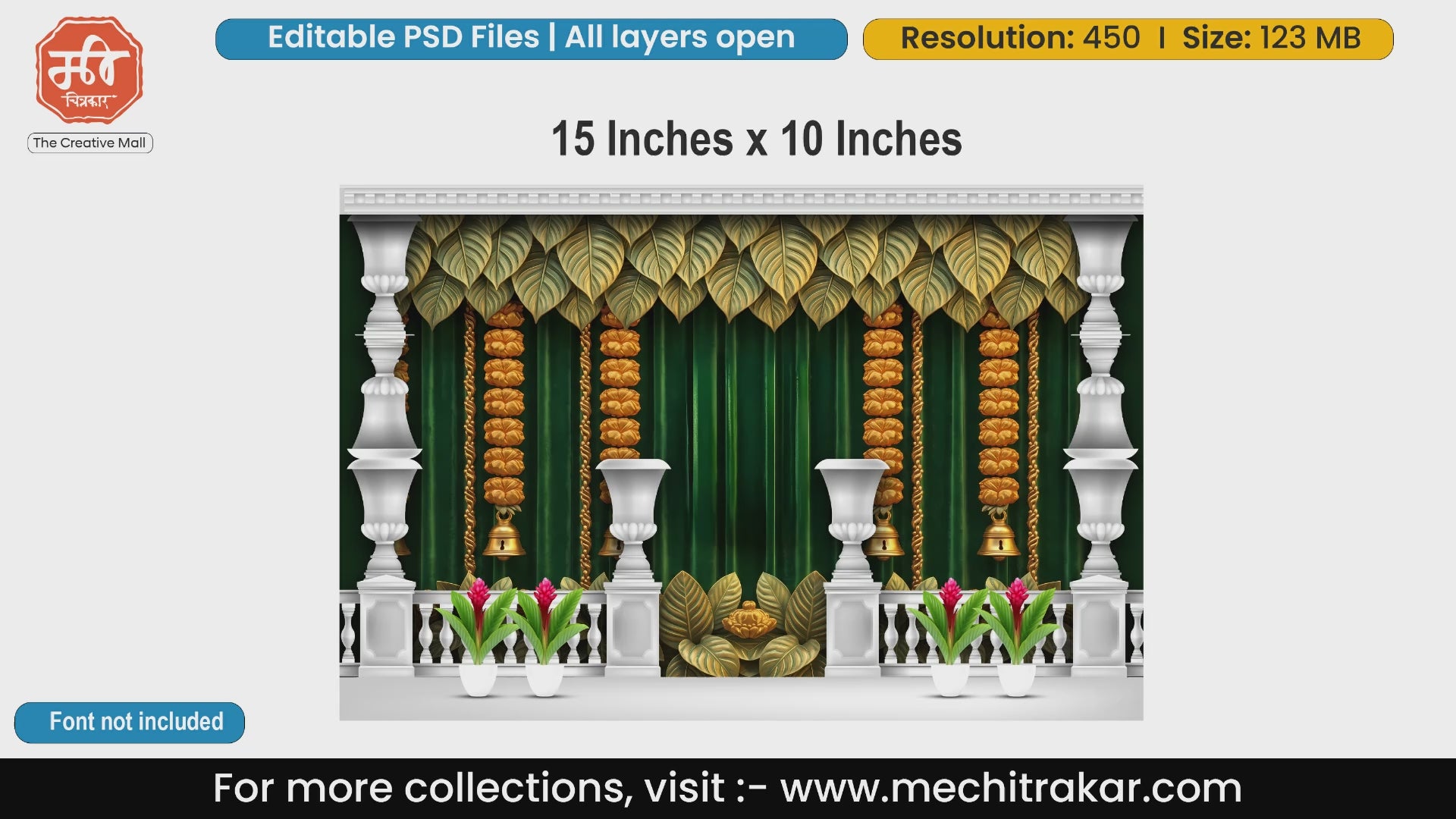 Traditional green stage backdrop with bodhi leaves and golden bells, editable PSD template.