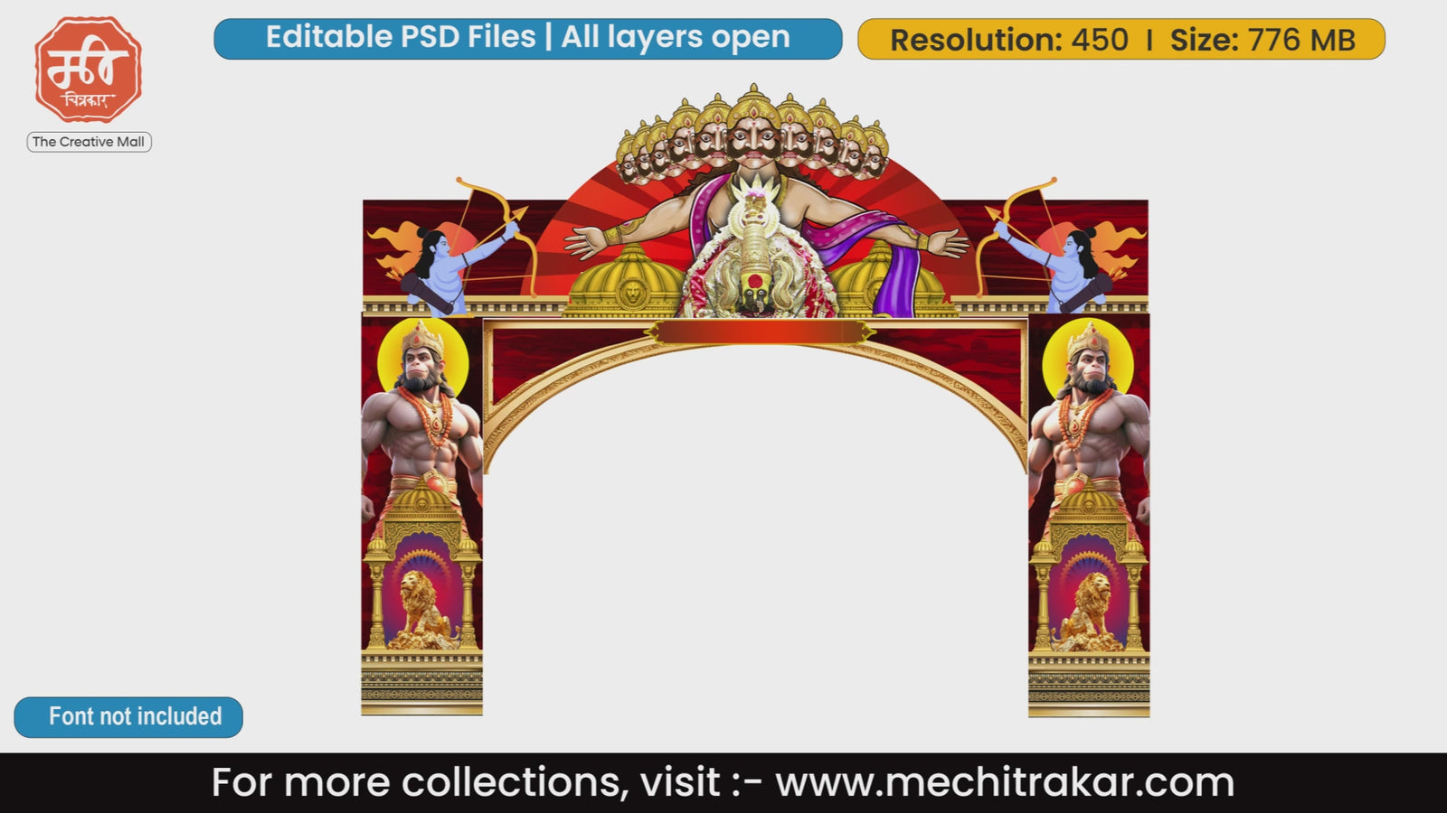 Editable PSD template of Dussehra entry gate featuring Lord Rama with bow, Lord Hanuman statues, and ten-headed Ravana banner for high-res flex printing.