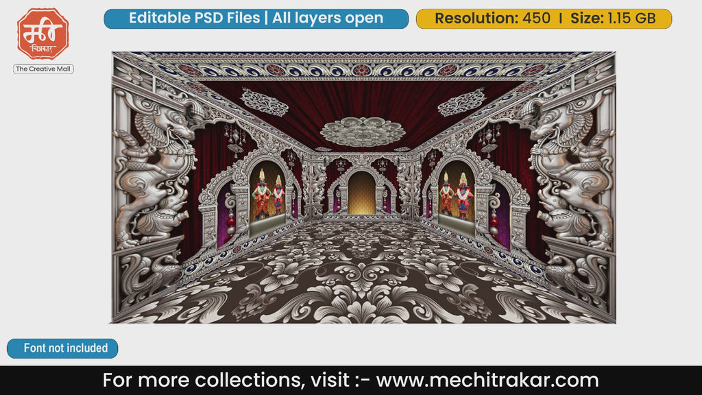 Vitthal Rakhumai silver temple editable PSD backdrop template with elephant sculptures and maroon drapery for pandal decoration print media design