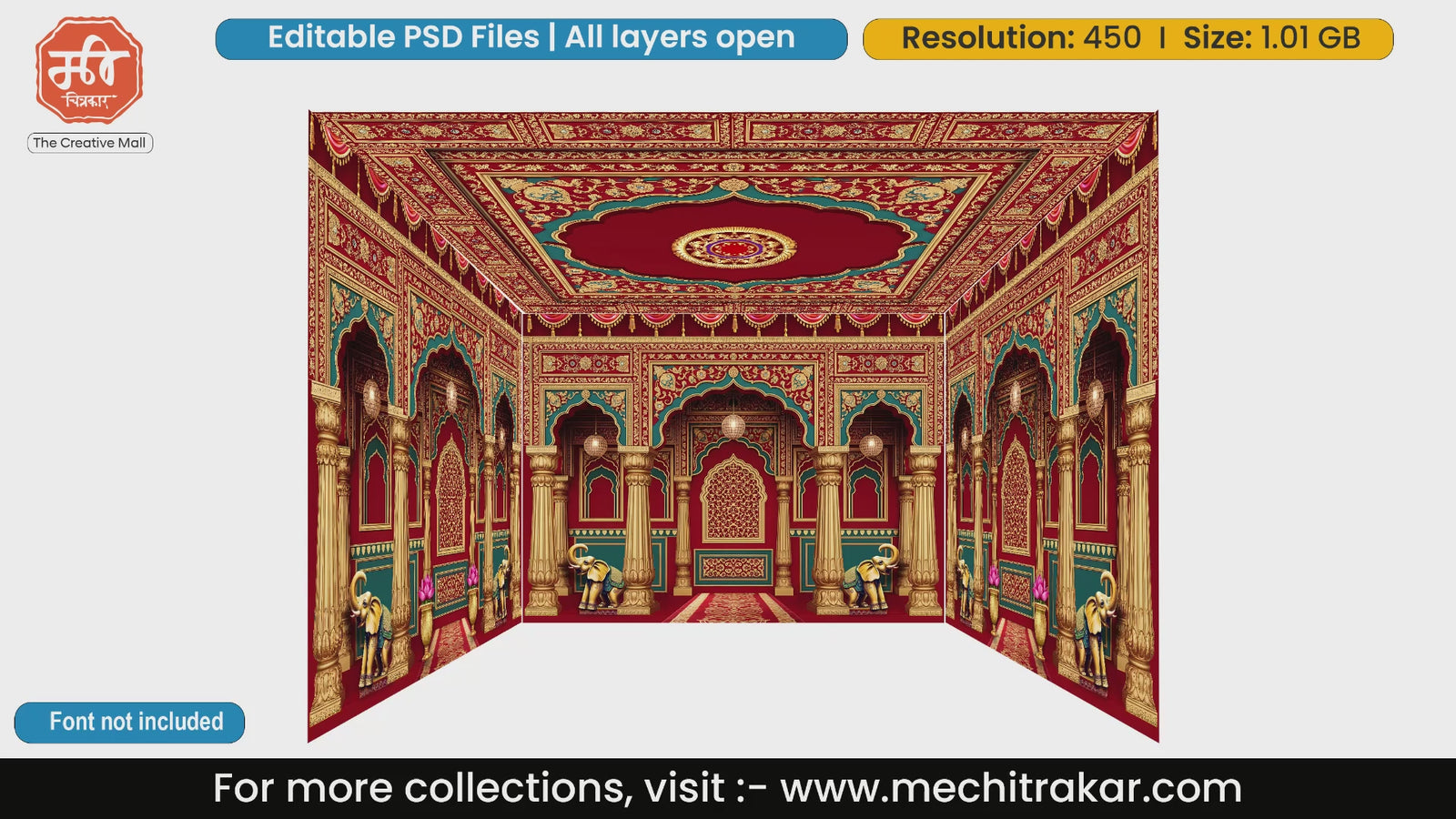 Red palatial archway 4 Side Decoration editable psd template featuring majestic elephants and intricate gold detailing.